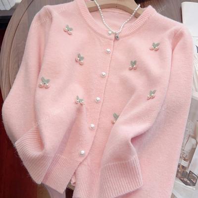 Pink Cherry Embroidered Cardigan | Faux Pearl Knitted Sweater M