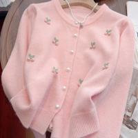 Pink Cherry Embroidered Cardigan | Faux Pearl Knitted Sweater M