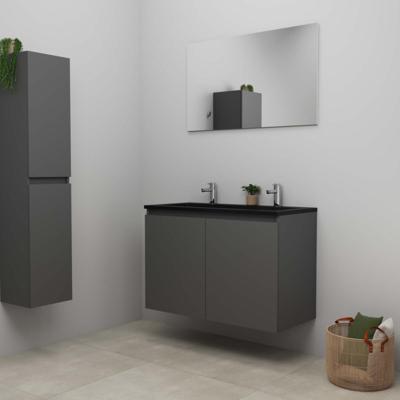 On-Line Badkamermeubelset - 100 cm - Bouwpakket - Greeploze Ladestructuur - Acryl Wastafel - 2 Kraangaten - Spiegel - Mat Antraciet