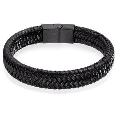 Gevlochten Leren Armband Heren Edelstaal Sluiting Zwart