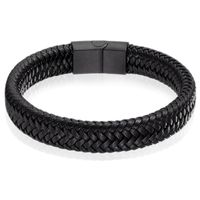 Gevlochten Leren Armband Heren Edelstaal Sluiting Zwart-20.5cm