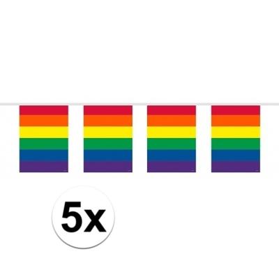 Regenboog vlaggenlijn - 5x - 10 meter - plastic - vierkante vlaggetjes - Gay pride versiering