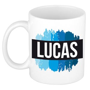 Naam cadeau mok / beker Lucas met blauwe verfstrepen 300 ml