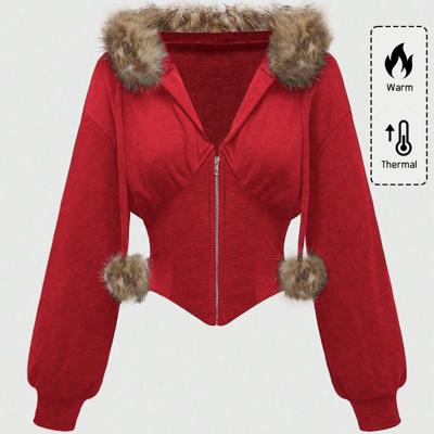 Bon&Bon Women's Grey Leopard Print Faux Fur Collar Zip Up Hoodie Red / XL