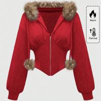 Bon&Bon Women's Grey Leopard Print Faux Fur Collar Zip Up Hoodie Red / XL