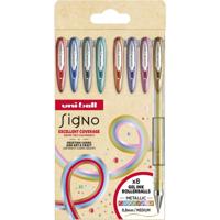 Uni-ball roller Signo Metallic, medium punt, geassorteerde kleuren, etui van 8 stuks