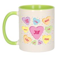 Cadeau koffiemok voor juf/lerares - hartjes snoepjes - groen - verjaardag kado - mok met tekst