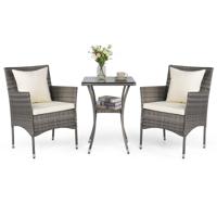 3-Delige Tuinset 2 Rotan Tuinstoelen en Een Bijzettafel met Blad van Gehard Glas Een Loungeset voor Terras Tuin Veranda of Zwembad-Wit