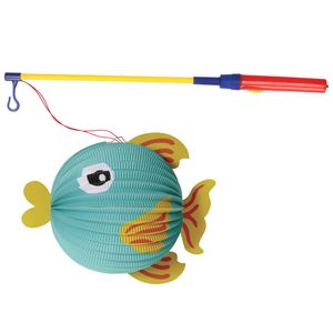 Bol lampion vis - blauw - H25 cm - papier - met lampionstokje - 40 cm