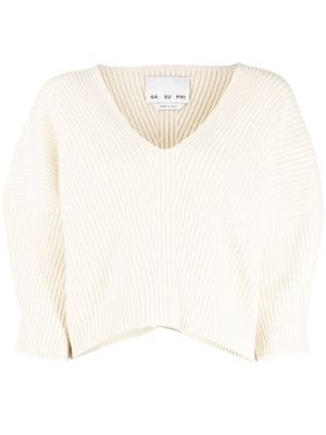 SA SU PHI pull en maille nervurée à col v - Blanc