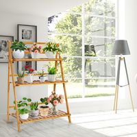 Plantenladder met 3 Niveaus Inklapbaar Plantenrek Bamboe Bloemenrek Bloemenstandaard voor Binnen en Buiten Bloementrap Ladderrek