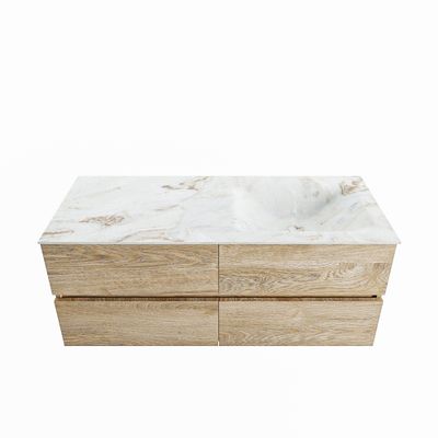 MONDIAZ VICA-DLUX 120cm badmeubel onderkast Washed Oak 4 lades. Inbouw wastafel CLOUD rechts zonder kraangat, kleur Frappe.