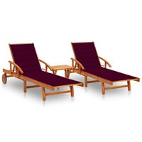 Ligstoelen 2 st met tafel en kussens massief acaciahout