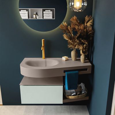 MONDIAZ RIVA 100cm badmeubel onderkast / planchet kleur Greey met 1 lade. Wastafel DULCET links 1 kraangat kleur Smoke.