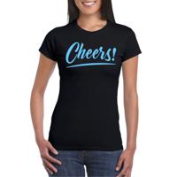 Verkleed T-shirt voor dames - cheers - zwart - blauwe glitter - carnaval/themafeest - thumbnail