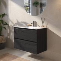 Saqu Gaia badmeubel incl. glans witte keramische wastafel 80x46x61cm eiken zwart - zwarte greeplijst