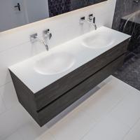 Mondiaz Vica Moon badmeubel eiken donker bruin 150 cm 2 lades solid surface dubbele spoelbak zonder kraangat - thumbnail