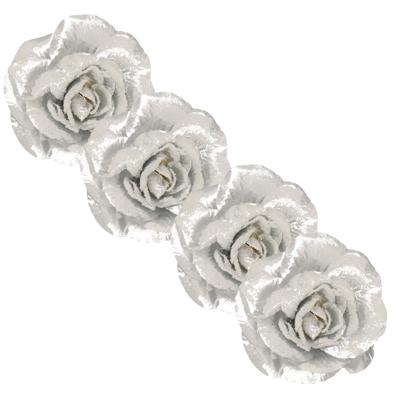 Zilveren roos kerstversiering clip - 4x - kerstboom decoratie - dia12 cm