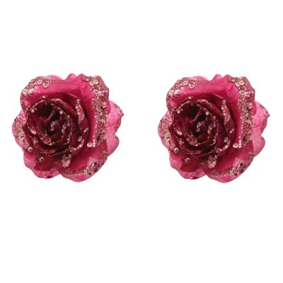 2x stuks decoratie bloemen roos framboos roze (magnolia) glitter op clip 14 cm