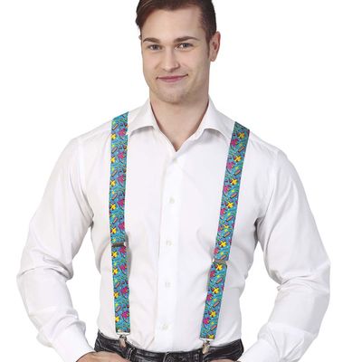 Carnaval verkleed bretels - blauw - 80s/90s print - volwassenen - verkleed accessoires - jaren 80/90