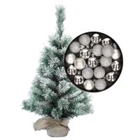 Besneeuwde mini kerstboom/kunst kerstboom 35 cm met kerstballen zilver   -