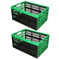 2x stuks opvouwbare kratten/inklapbare boodschappen kisten zwart/groen 48 x 35 x 24 cm