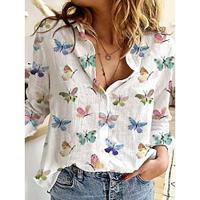 Dames Overhemd Blouse Vlinder Afdrukken Dagelijks Elegant Stijlvol Lange mouw Overhemdkraag Wit Lente Herfst Lightinthebox - thumbnail