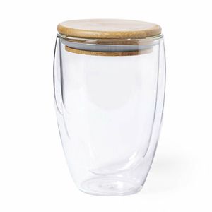 Thermische koffieglazen/theeglazen dubbelwandig - met bamboe deksel - 350 ml - Koffie- en theeglazen