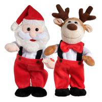 Kerstman pop - en rendier pop - met beweging en geluid - 32 cm - dansen en zingend