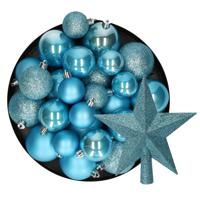 Kerstversiering - 30x kerstballen en ster piek - ijsblauw - kunststof - Kerstbal - thumbnail