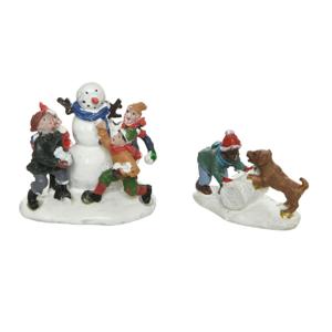 Lumineo kerstdorp figuurtjes - sneeuwpop en hondje - polyresin   -