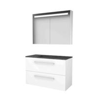 Basic-Line Premium 46 Badkamermeubelset - 100 x 46 cm - Met Grepen - 2 Lades - Hardstenen Wastafel - 1 Kraangat - Spiegelkast met LED Verlichting - Ice White