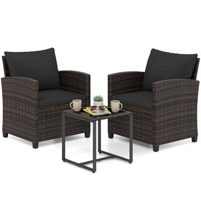 3-Delige Tuinmeubelset 2 Gestoffeerde Fauteuils met een Salontafel van Gehard Glas(Bruin Rietwerk)-Zwart