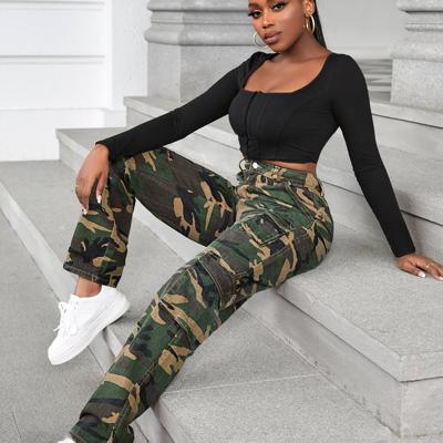 Bon&Bon Camo Print Cargo Jeans - High Waist Loose Fit Cotton Denim Multicolor1 / L