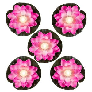 Waterlelie met LED- 5x -licht - roze - D13 cm - kunststof - drijvend - werkt op batterijen