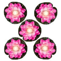 Waterlelie met LED- 5x -licht - roze - D13 cm - kunststof - drijvend - werkt op batterijen