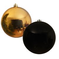 2x stuks grote kerstballen van 20 cm glans van kunststof goud en zwart - thumbnail