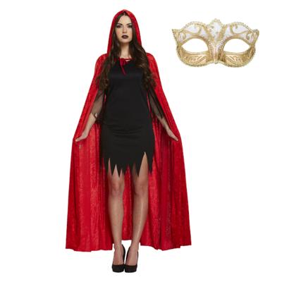Carnaval gemaskerd bal verkleed set - Oogmasker goud - Lange cape met capuchon rood - volwassenen