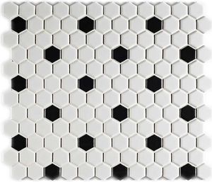 Porcelain Vintage mozaiek hexagon 23x26 mm wit zwart mat