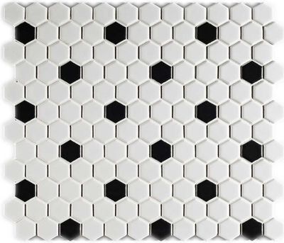 Porcelain Vintage mozaiek hexagon 23x26 mm wit zwart mat