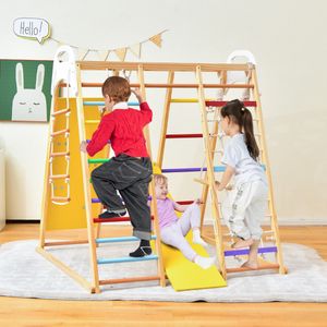 8-In-1 Klimspeelgoedset Incl. Klimrek Turnringen Klimladder Glijbaan Touwladder Klimvelden Klimnet Schommel en Tekenbord (Gekleurd)