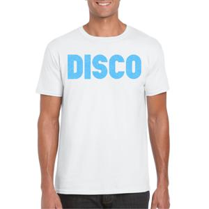 Bellatio Decorations Verkleed T-shirt heren - disco - wit - blauw glitter - jaren 70/80 - carnaval 2XL  -