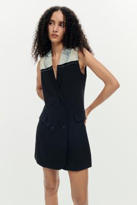 Cross-over jurk van twee materialen - BLACK - S