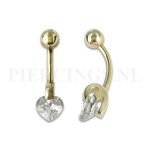 Navelpiercing goud 14 karaat met kristallen hart in luxe zetting