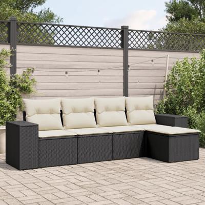 5-delige Loungeset met kussens poly rattan zwart