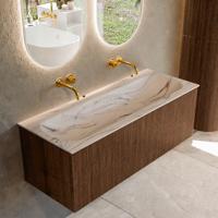 Badmeubel Mondiaz Kurve-Dlux | 120 cm | Meubelkleur Walnut | Wastafelkleur Nata | Solid surface | Wasbak midden spoelbak | Zonder kraangat(en)