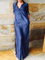 Casual Plain Lapel Collar Roll Tab Sleeve Loose Slit Maxi Shirt Dress