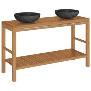 The Living Store Houten Wastafelkast - 132 x 45 x 75 cm - Massief Teakhout - Marmeren Wastafel