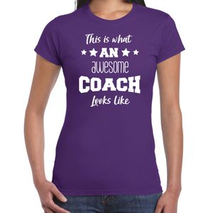 Bellatio Decorations cadeau t-shirt voor dames - awesome coach - coach bedankje - paars 2XL  -