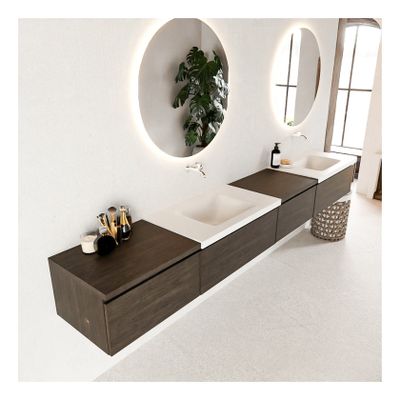 Mondiaz Bukla 280cm badmeubel met module 60 rechts dark brown 4 lades met wastafel dubbel zonder kraangat kleur talc